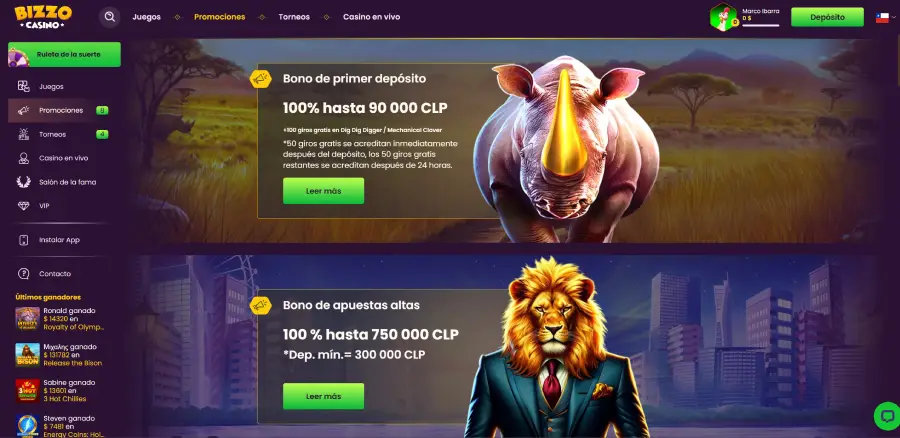 Sección de bonos de Bizzo Casino, donde podemos apreciar dos de sus bonos para nuevos jugadores.