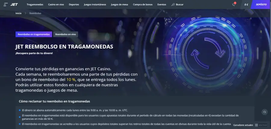 Jet Casino te devuelve las pérdidas que tengas en tragamonedas o casino en vivo.