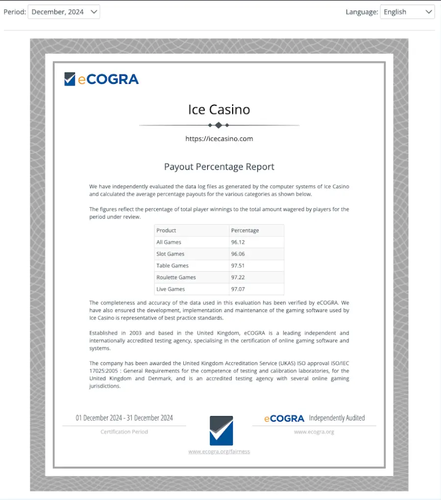 El certificado de eCOGRA no está vigente.