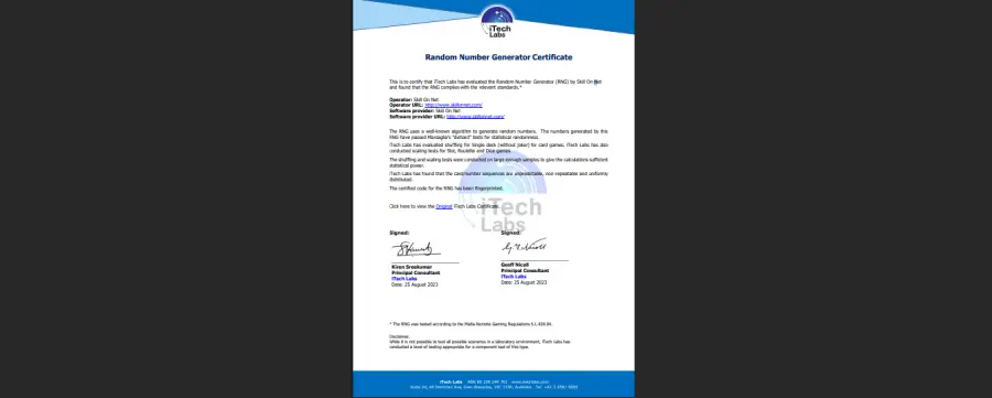 Certificado de RNG validado por iTechLabs para PlayUZU.