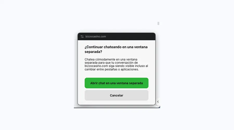 Esta es la ventana emergente del chat en vivo de Bizzo Casino.