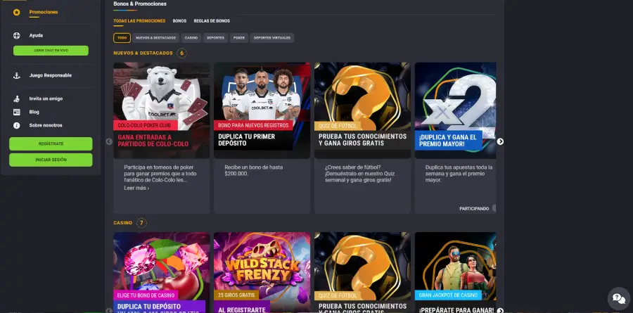 Selecciones de bonos de Coolbet Casino, donde podemos apreciar bonos para todas las secciones de la página.