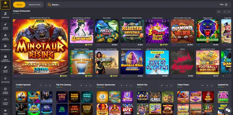 Juegos de casino de Coolbet. Puedes ver la volatilidad y el RTP de cada uno.