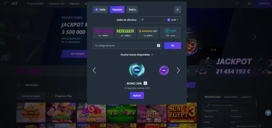 Cajero de depósitos en Jet Casino.