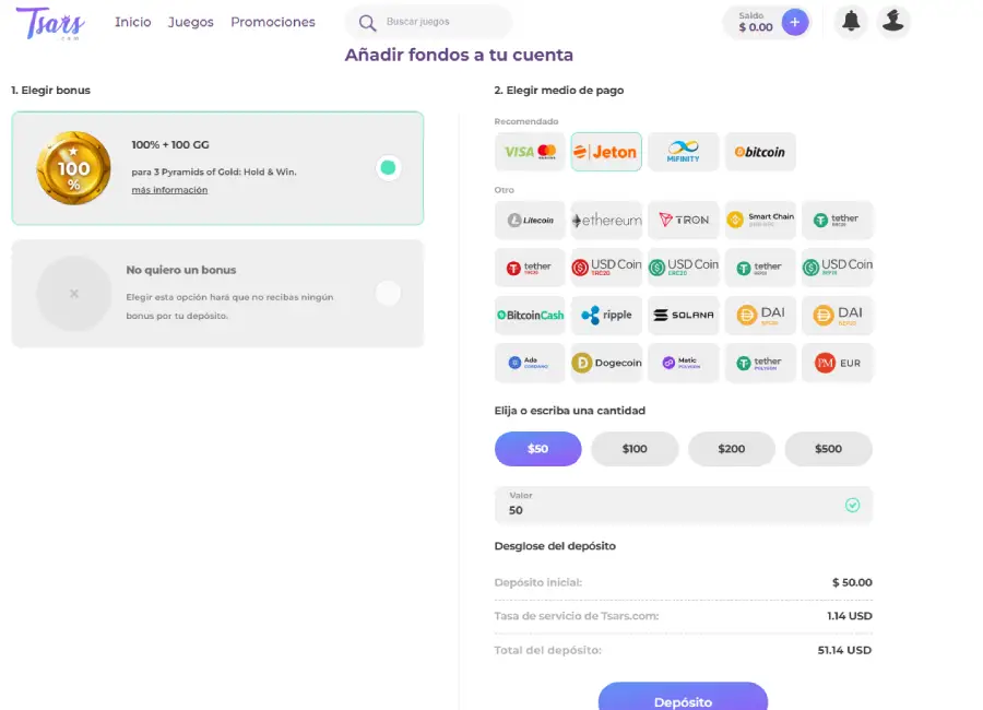 Formulario de depósitos en el casino online Tsars.