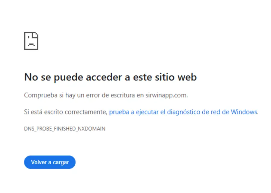Mensaje de error al hacer clic en "Descargar app" de Sirwin.