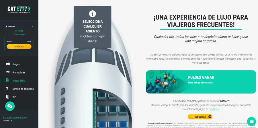 Sistema de promociones diario de Gate777. Cada asiento representa un premio diferente.