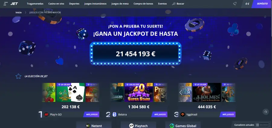 Jet Casino destaca en la categoría de jackpots.