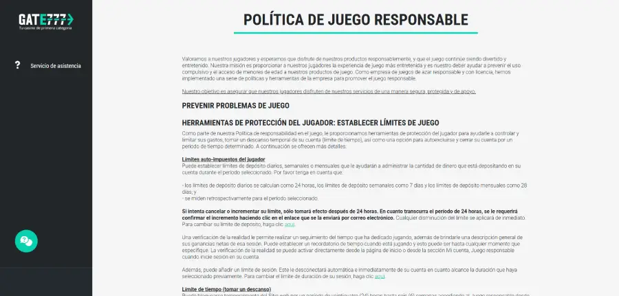 Gate777 tiene una política de Juego Responsable robusta.  
