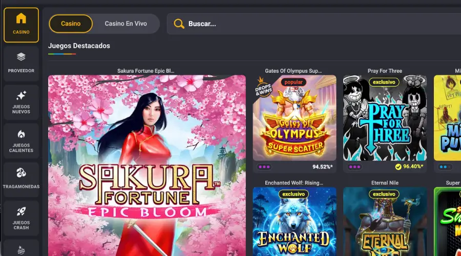 La captura de pantalla muestra algunos de los juegos populares en Coolbet.