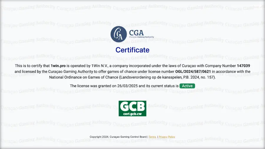 La imagen muestra el certificado de la GCB que valida la licencia de 1Win.