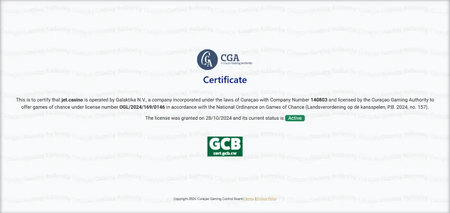 Licencia de operación de Jet Casino, emitida por la GCB de Curazao.
