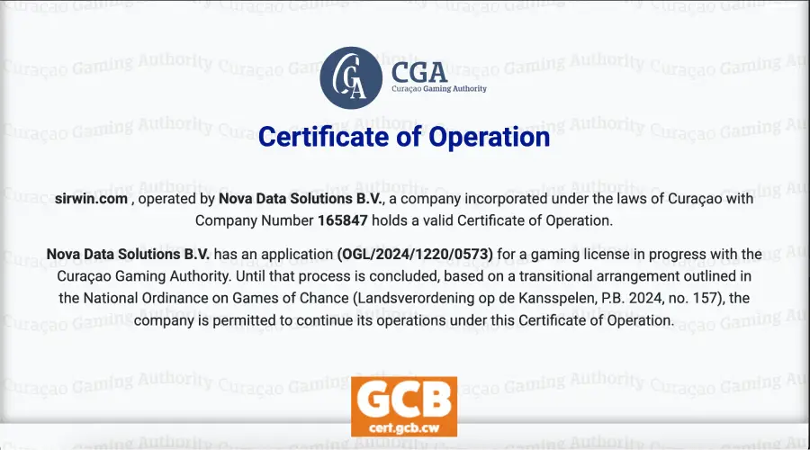 La imagen muestra el certificado de operación de Sirwin emitido por la GCB.