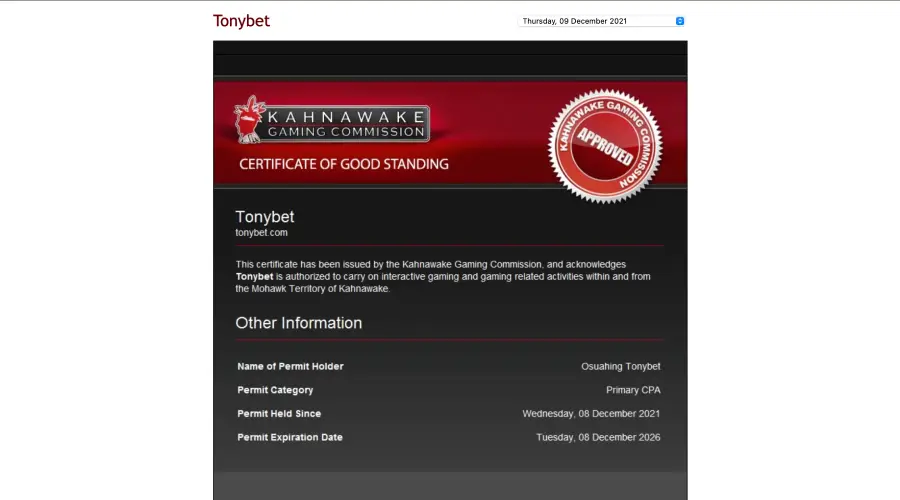 La imagen muestra la licencia de Kahnawake, que le permite a Tonybet operar en Canadá.