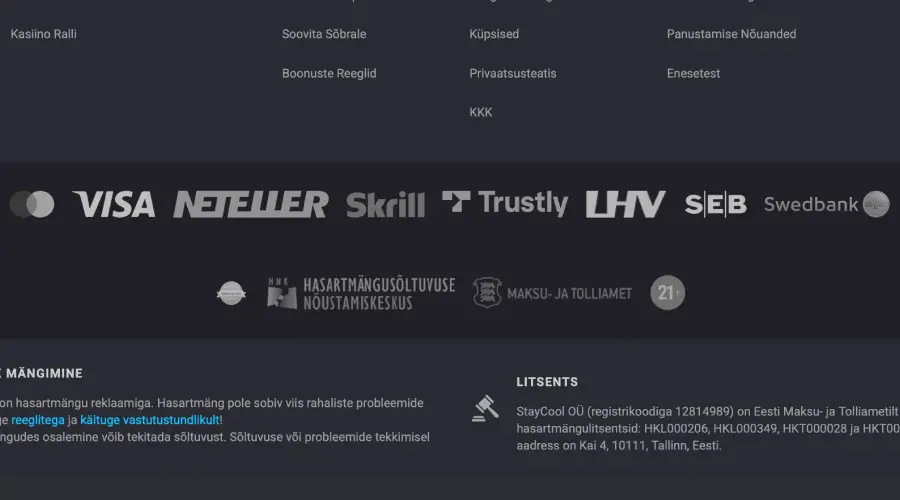 El footer de Coolbet contiene los sellos que acreditan las licencias otorgadas por Estonia.