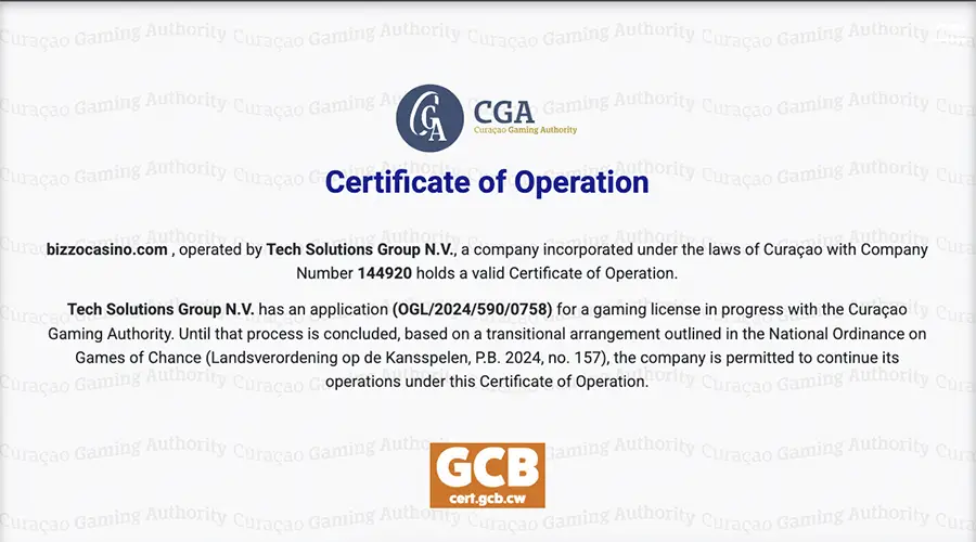 La imagen muestra el certificado de operación de Bizzo Casino emitido por la Autoridad de Juego de Curazao.