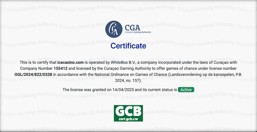 Certificado de operación de Ice Casino.