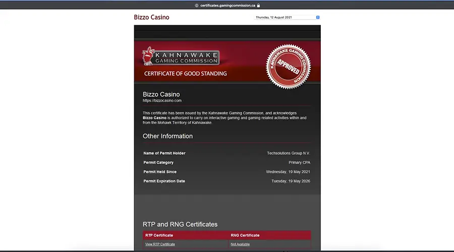 Captura de pantalla del certificado emitido por Kahnawake Gaming Commission.