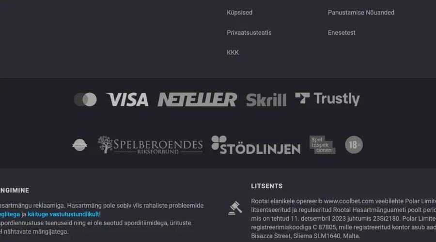 La captura de imagen muestra el sello de la Spelinspektionen en el pie de página de Coolbet.