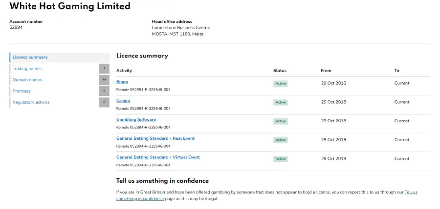 Licencia de operación de Gate777 Casino emitida por Reino Unido Gambling Commission.