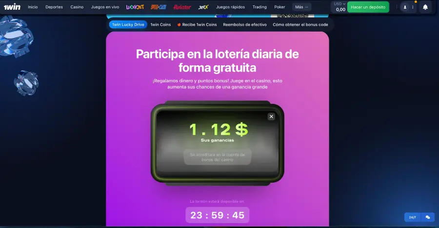 Puedes jugar a la lotería en 1Win de forma diaria.