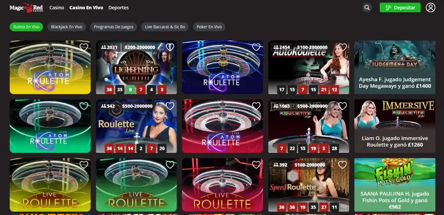 Sección de casino en vivo de Magicred, en la subcategoría de ruleta.