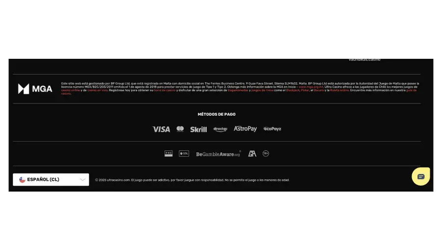 En el pie de página de página de Ultra Casino, al lado izquierdo, está un sello de RNG que no lleva a ninguna parte.