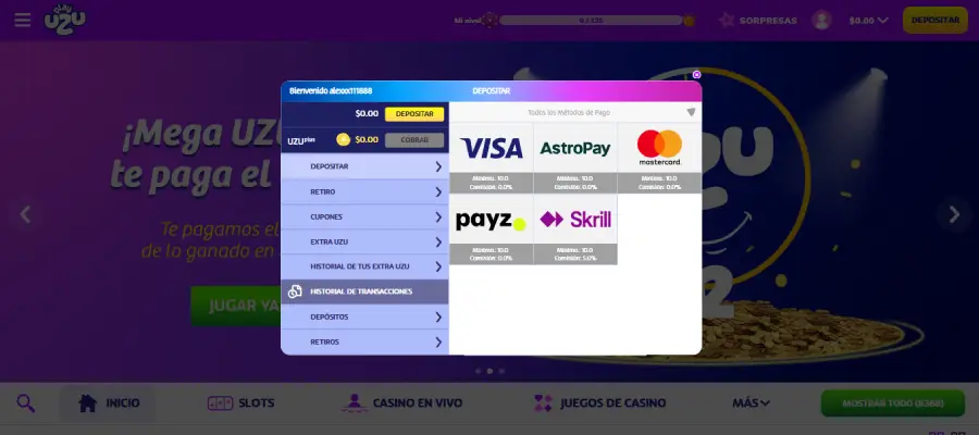 Medios de pago del casino virtual PlayUZU.