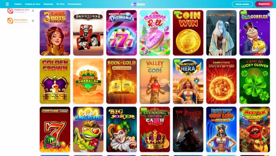 Pantallazo de Nomini Casino donde destacan los juegos de tragamonedas más populares de la plataforma