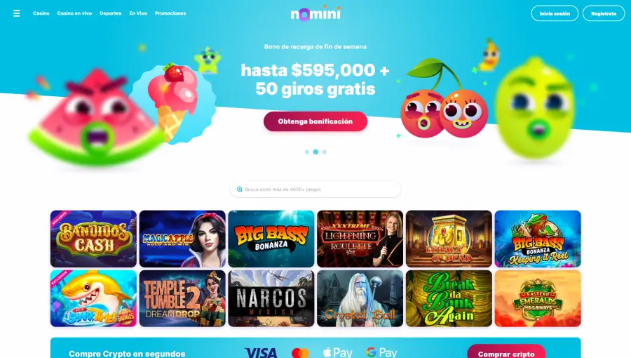 Captura de la página de inicio de Nomini Casino donde resaltan sus juegos y promociones