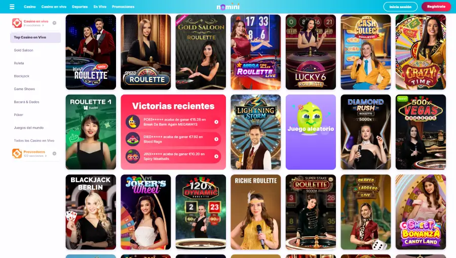 Captura de pantalla de Nomini Casino donde se muestran los juegos de casino en vivo más populares de la plataforma