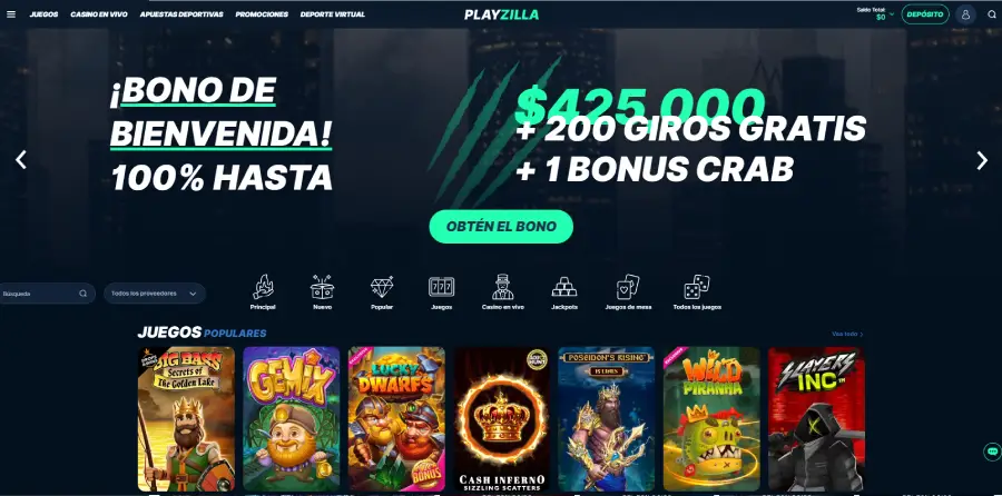 Página principal de Playzilla, donde podemos apreciar su menú de navegación y bono de bienvenida.