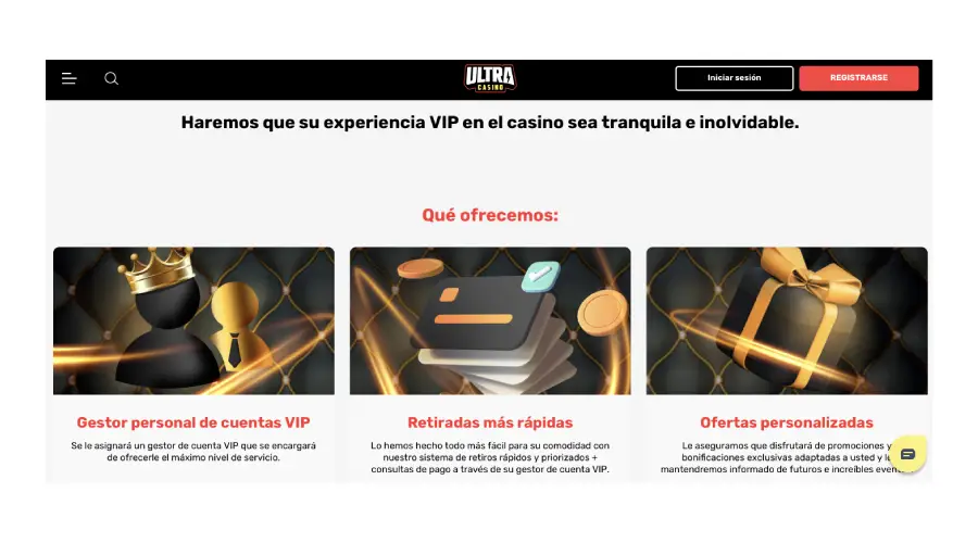 Landing del programa VIP de Ultra Casino.