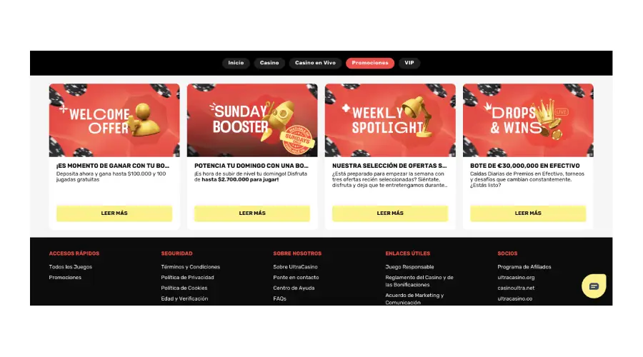 Captura de pantalla que muestra la promociones disponibles en Ultra Casino.