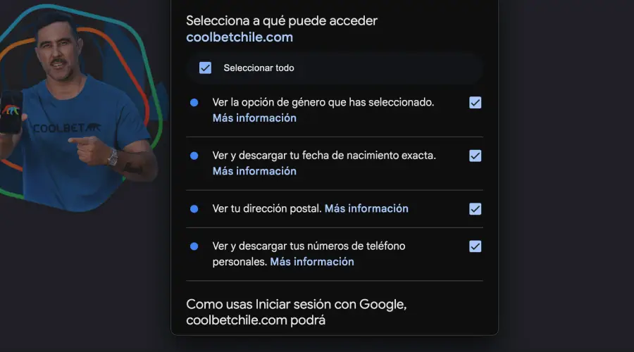 Esta es la ventana emergente que mostró Coolbet cuando me registré con mi cuenta de Google.