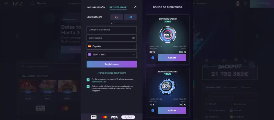 Formulario para crear una cuenta en IZZI.