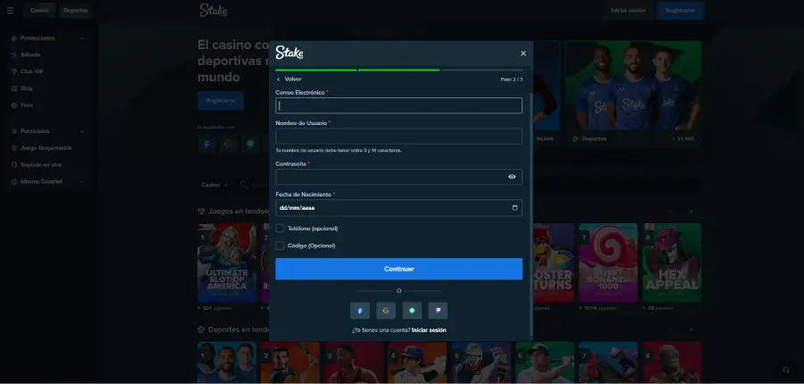 Formulario para crear una cuenta nueva en Stake.