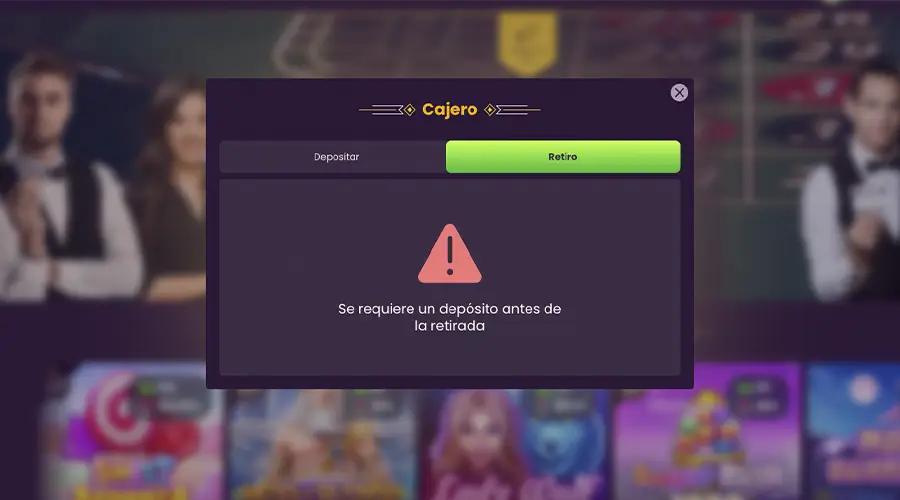 Captura de pantalla que muestra la falta de información de los métodos de retiro en Bizzo Casino antes de realizar un depósito.