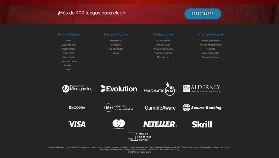 Captura de pantalla del footer de Royal Vegas Casino donde resaltan algunos metodos de pagos y proveedores de software