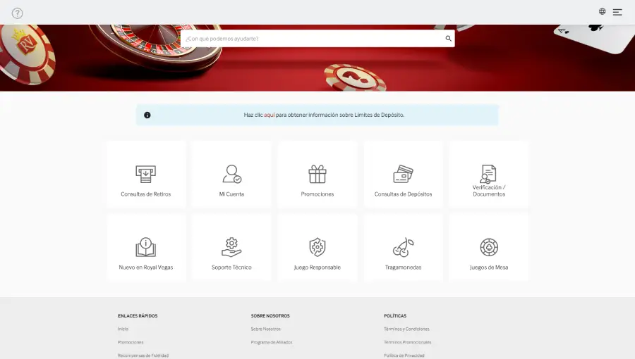 Sección informativa de Royal Vegas Casino donde podrás encontrar ayuda y preguntas frecuentes