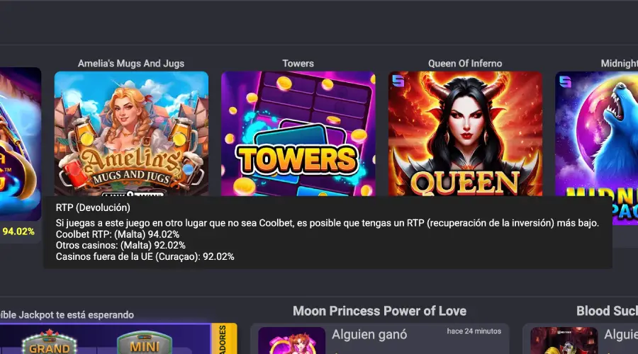 En la imagen se ve cómo Coolbet hace público su RTP.