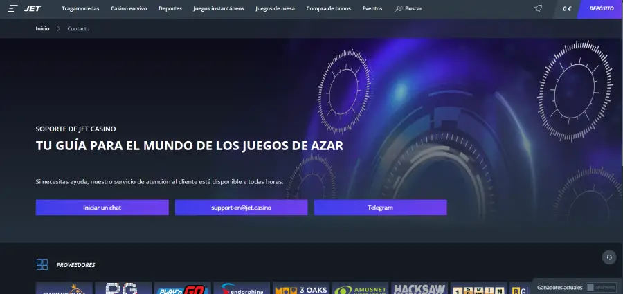 Medios de atención al cliente en Jet Casino.