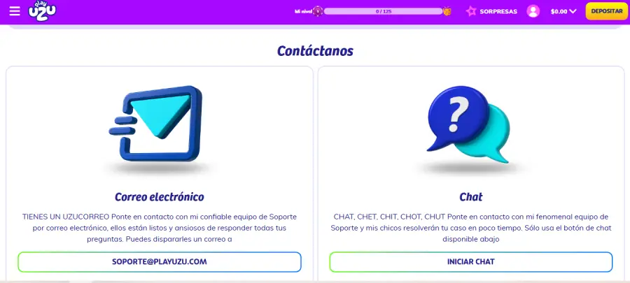Medios de contacto con el soporte de PlayUZU Casino.