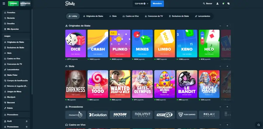 Área de juegos de Stake, donde podemos apreciar algunos de los títulos originales del casino.