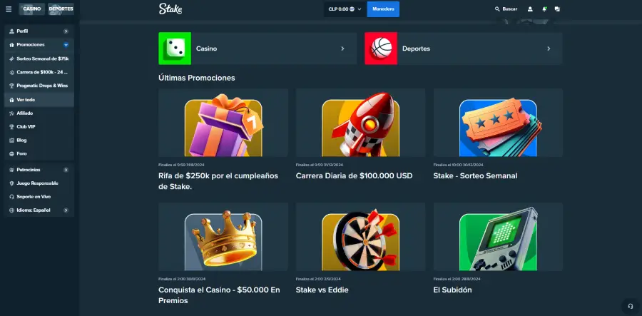 Sección de promociones del casino Stake. Puedes elegir ver bonos para casino o deportes.