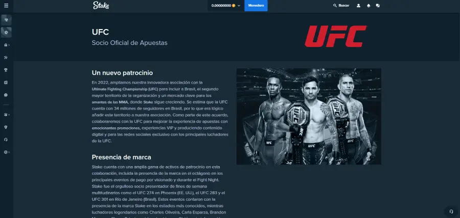 Stake es socio oficial de apuestas de la UFC.