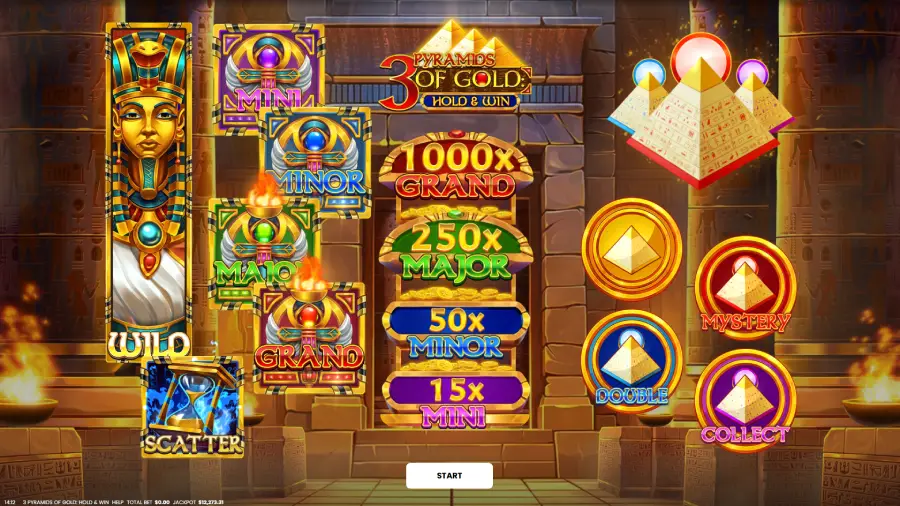 Giros gratis en la tragamonedas “3 Pyramids of Gold: Hold & Win” de Tsars Casino.