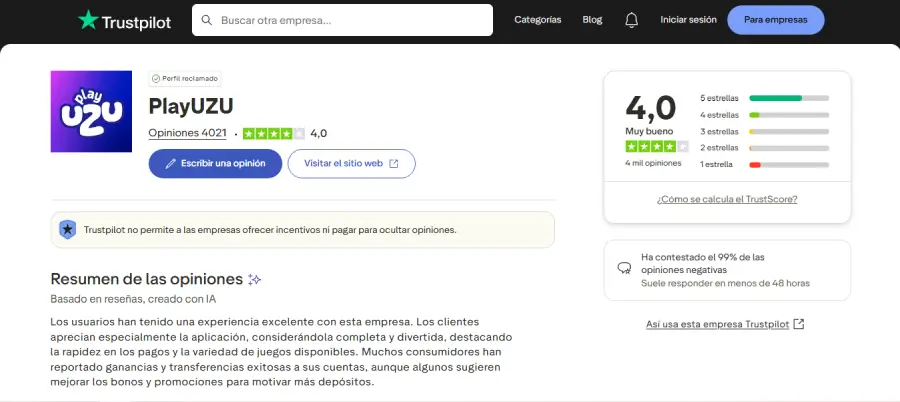PlayUZU tiene muy buenas valoraciones en Trustpilot.