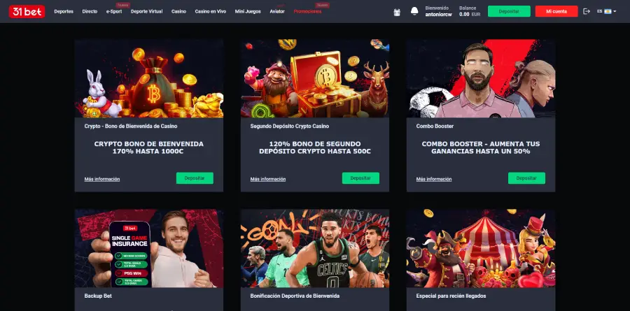 El área de bonos de 31 Bet muestra todas sus promociones disponibles.