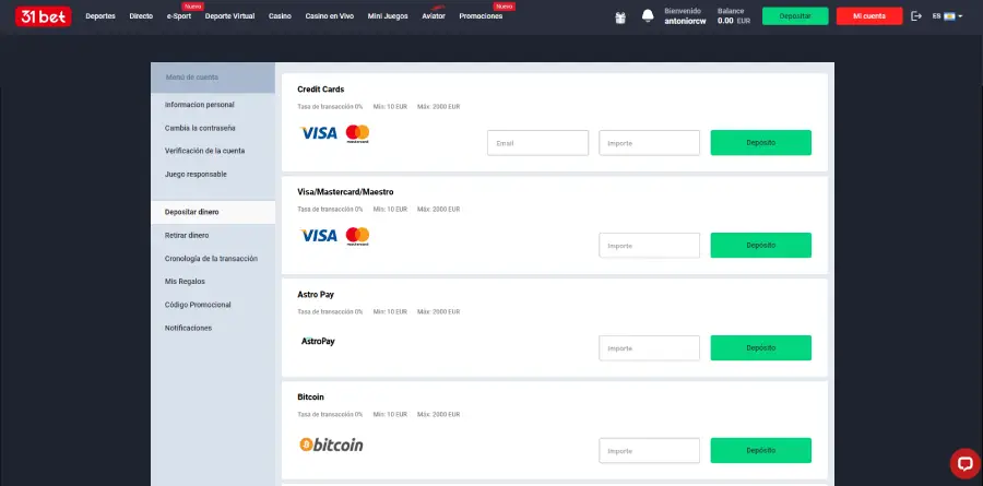 Puedes realizar depósitos bajos, aunque 31 Bet trabaja con pocos métodos de pago.